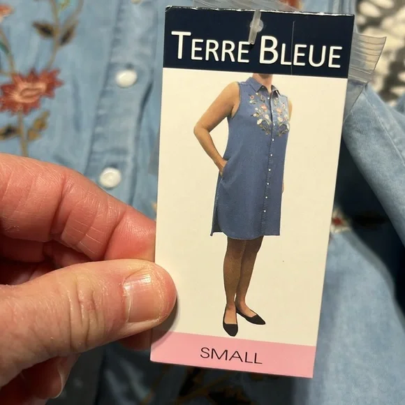 Terre Bleue Summer Embroider Midi Denim Look Dress Casual Lightweight Womens S - Picture 10 of 11